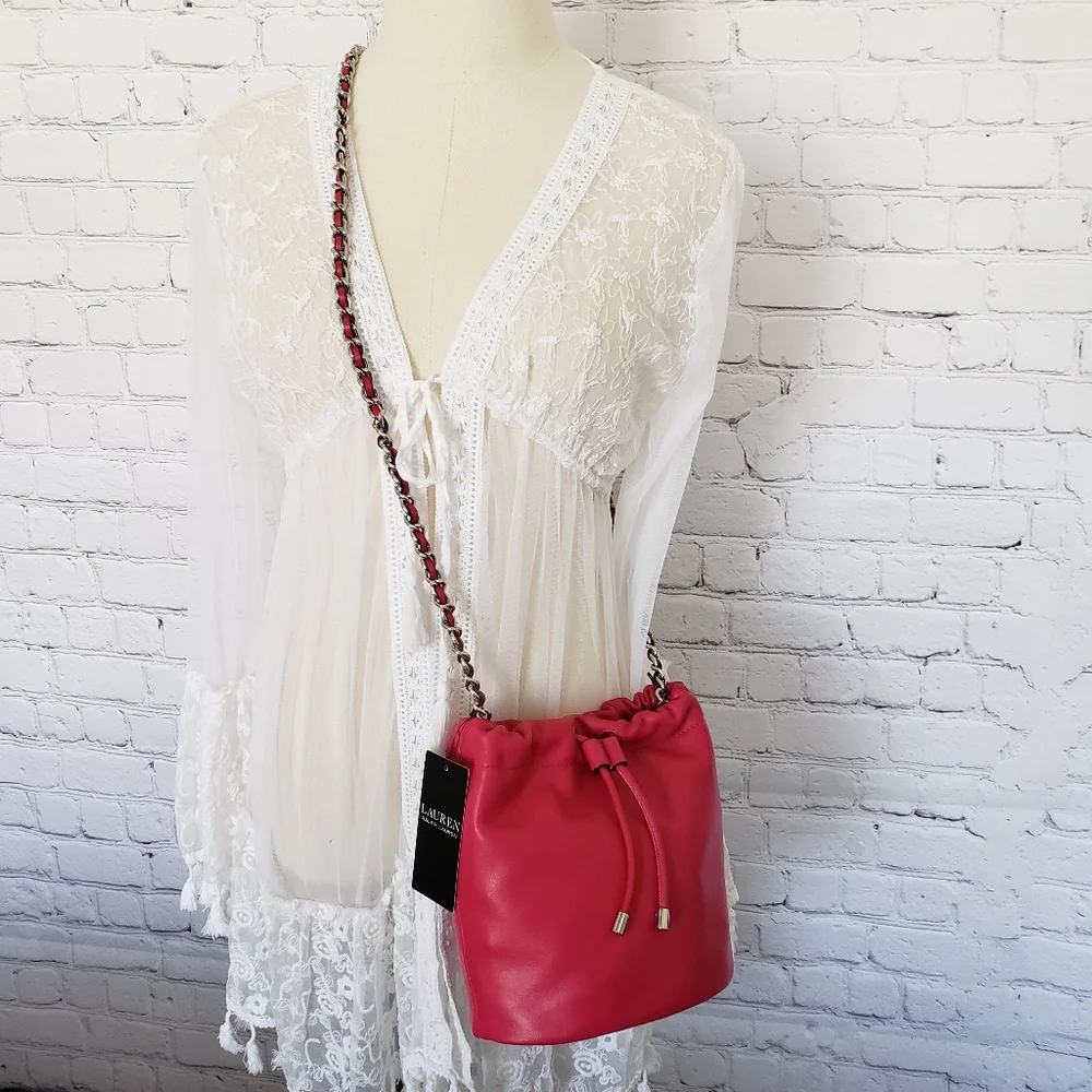 RALPH LAUREN Emmy Medium Nappa Leather Pink Bucket Crossbody - Picture 7 of 16